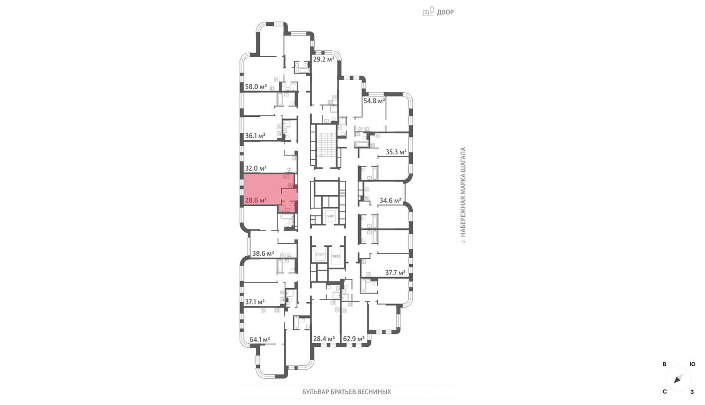 План этажа — Студия-квартира, 28.6 м²