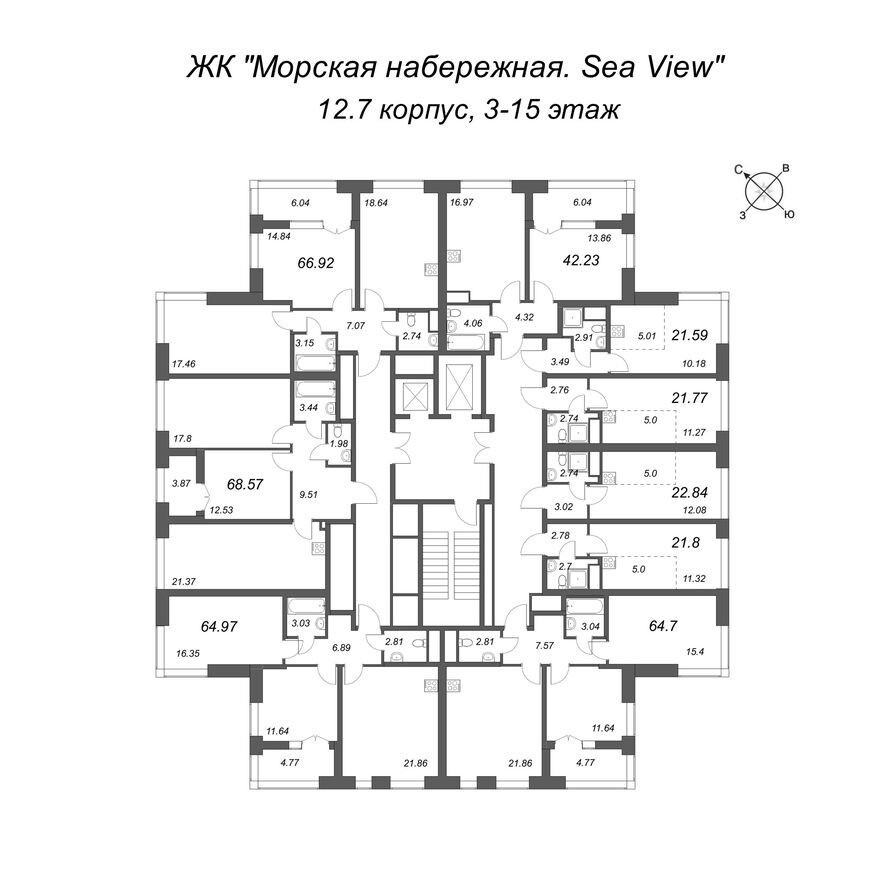 План этажа — 3е квартира, 67.5 м²