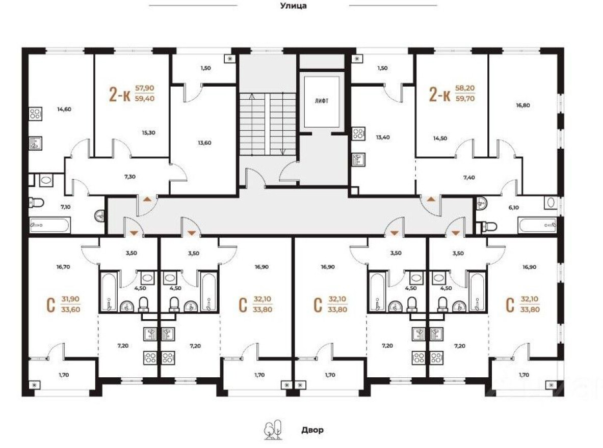 План этажа — 1к. квартира, 33.5 м²