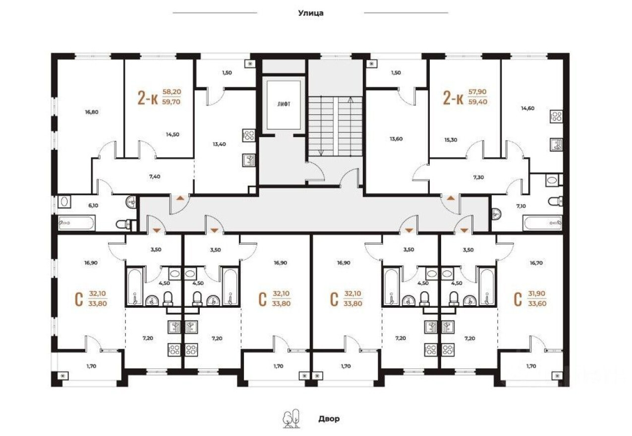 План этажа — 1к. квартира, 33.5 м²