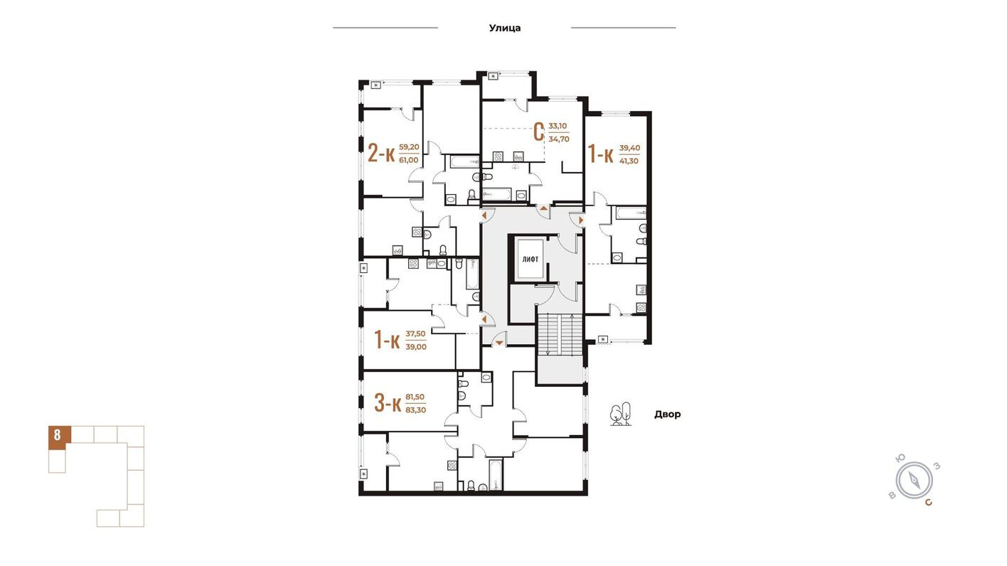 План этажа — 1к. квартира, 34.7 м²