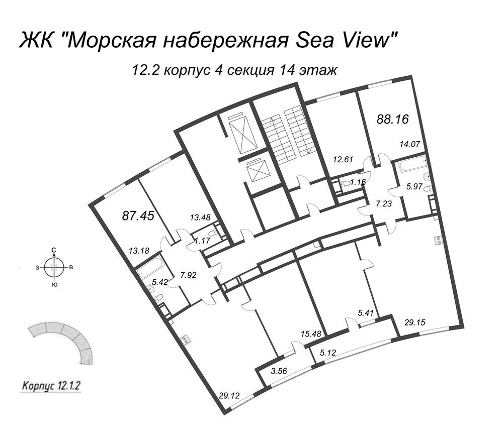 План этажа — 4е квартира, 89.0 м²