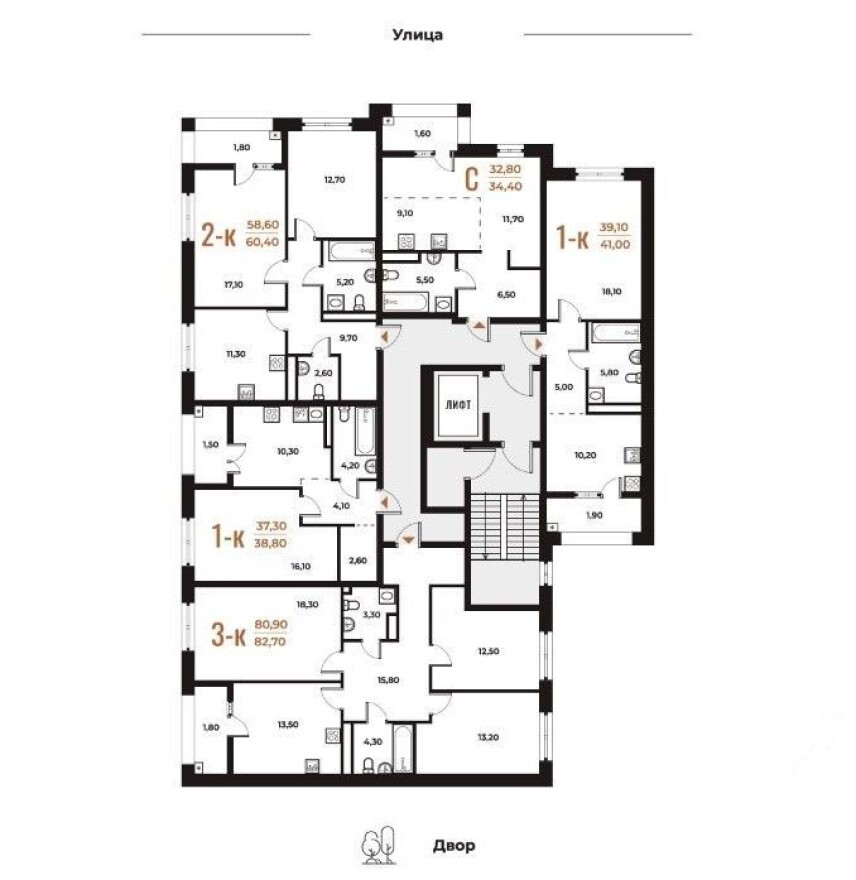 План этажа — 1к. квартира, 34.7 м²