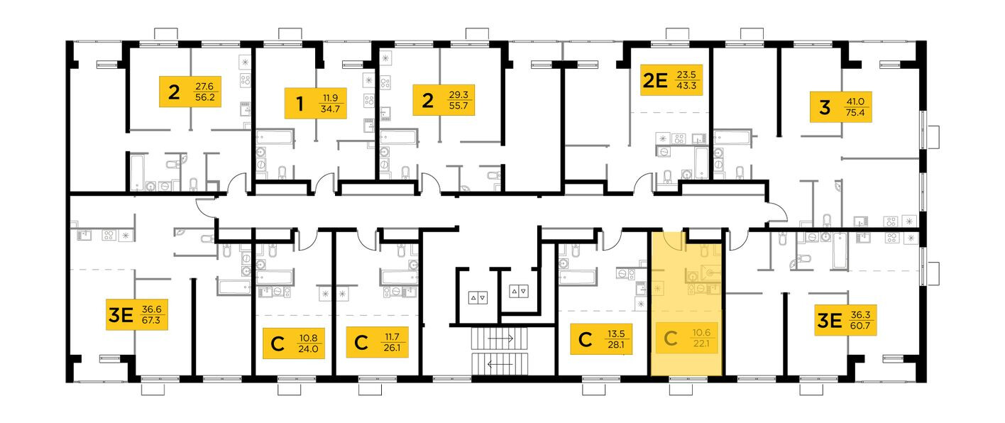 План этажа — 1к. квартира, 22.1 м²