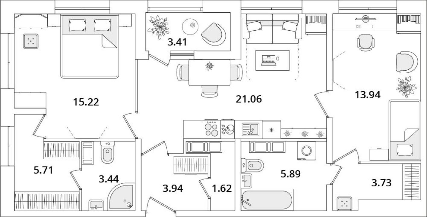 План этажа — 2к. квартира, 76.1 м²
